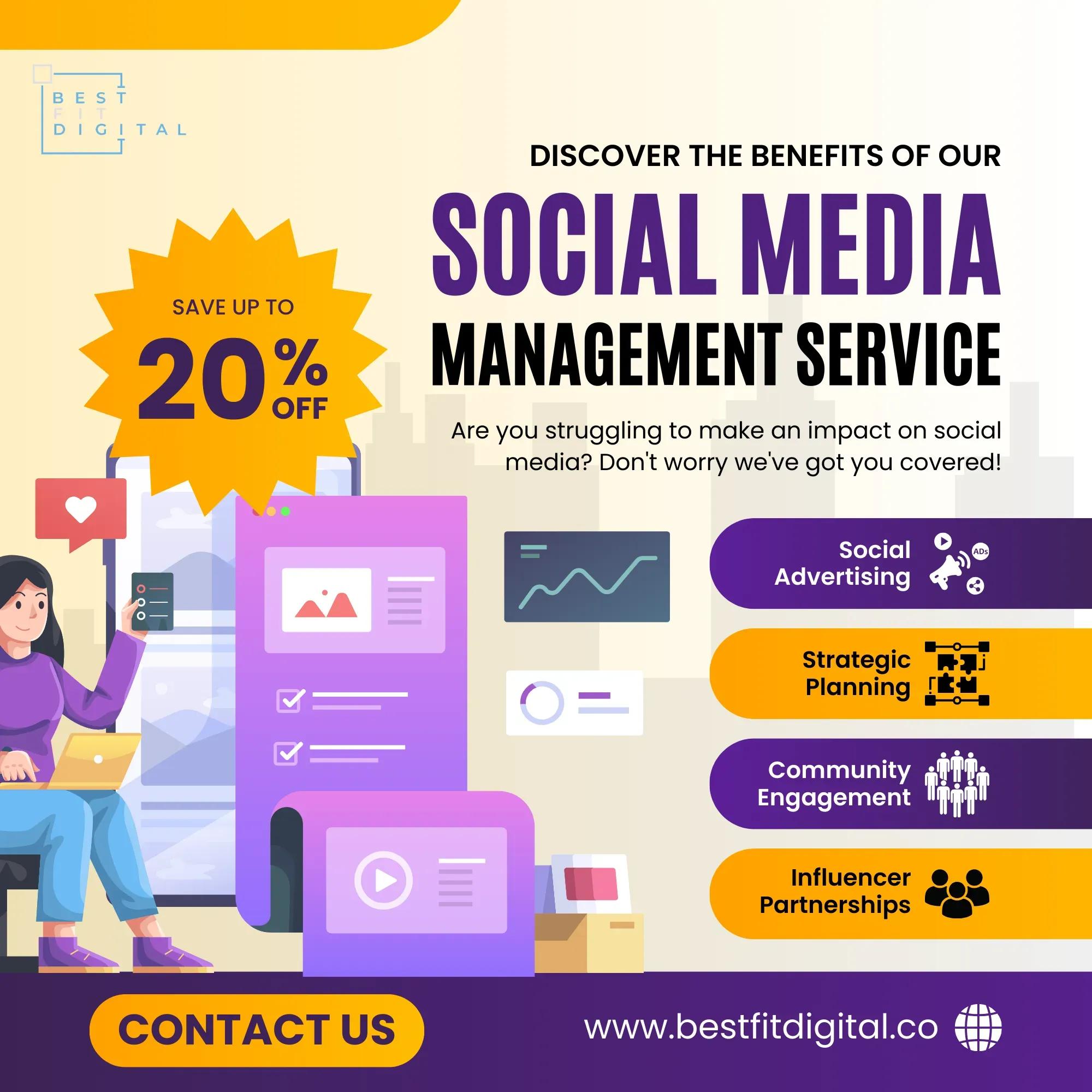 Promotional graphic for social media management service with discount offer.