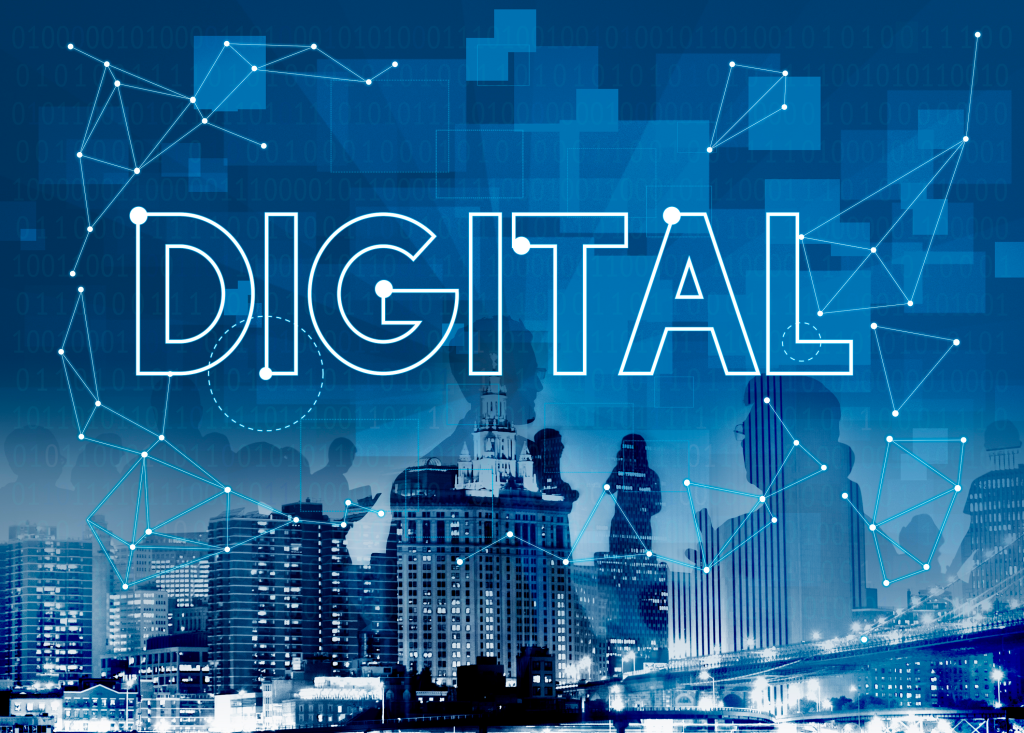 Digital concept with skyline background, emphasizing the importance of a strong digital presence for small businesses in 2025.