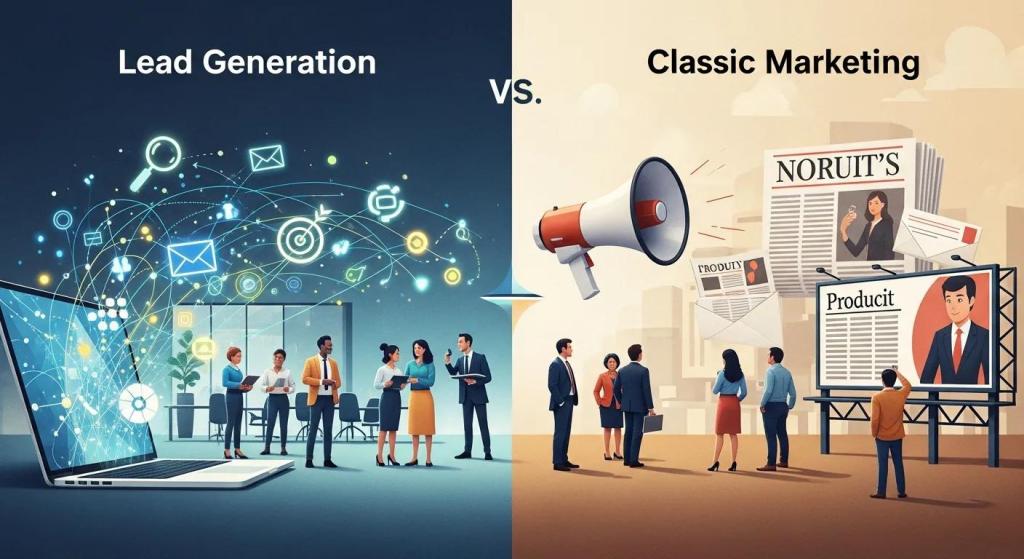 Lead generation concepts with digital tools and analytics contrasted against traditional marketing methods featuring print media and a megaphone.