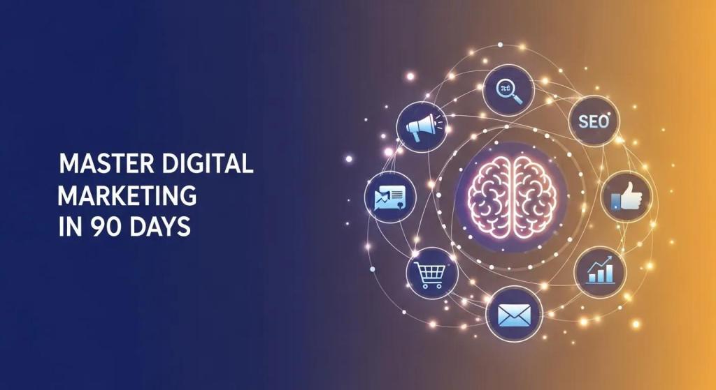 Master digital marketing in 90 days with brain graphic and icons representing SEO, social media, email, and analytics.