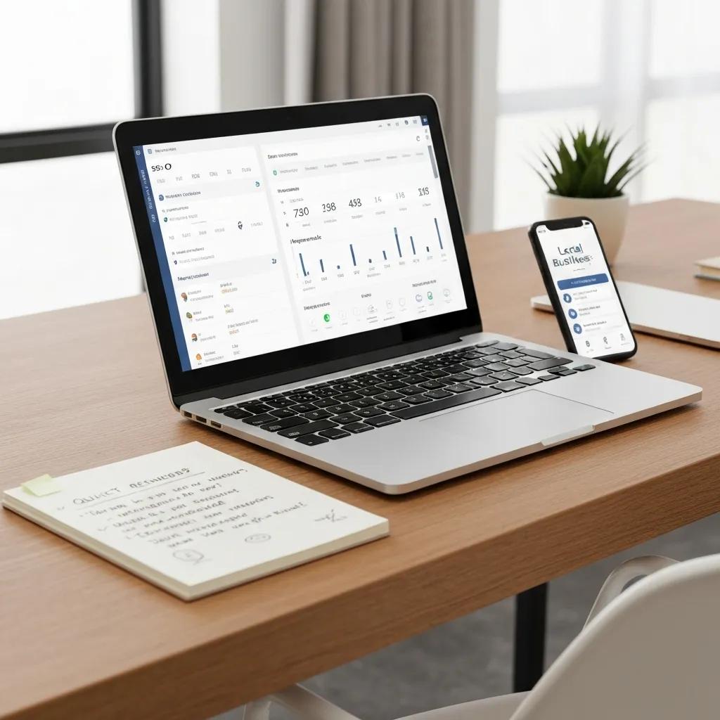 Desk with laptop and smartphone showing AI tools for local SEO