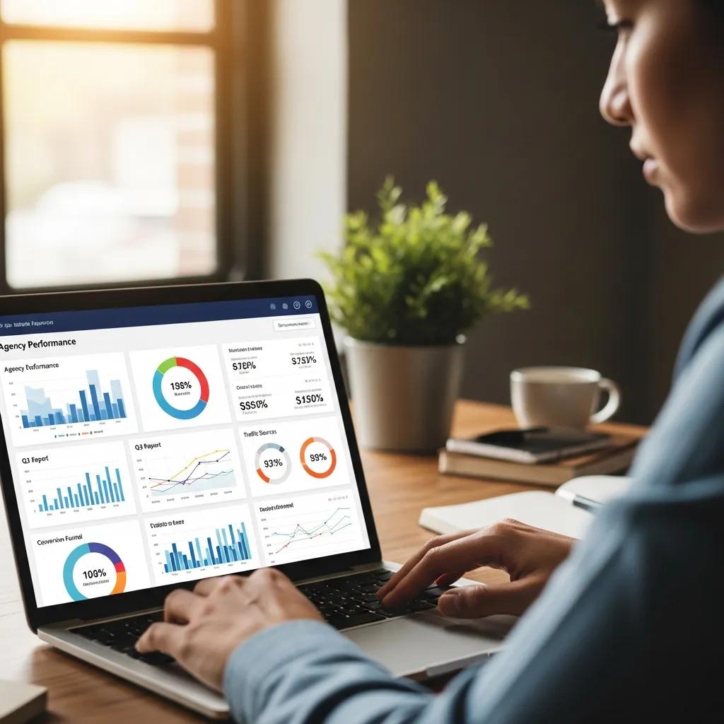 Person analyzing digital marketing performance metrics on a laptop in a cozy office, featuring graphs and data visualizations relevant to agency performance and lead generation strategies.