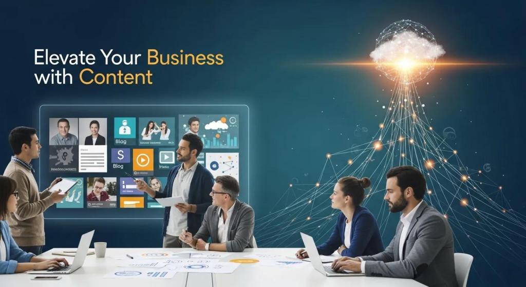 Team collaborating in a modern office, discussing digital marketing strategies with a focus on content, featuring a digital display of various content types and the text "Elevate Your Business with Content."