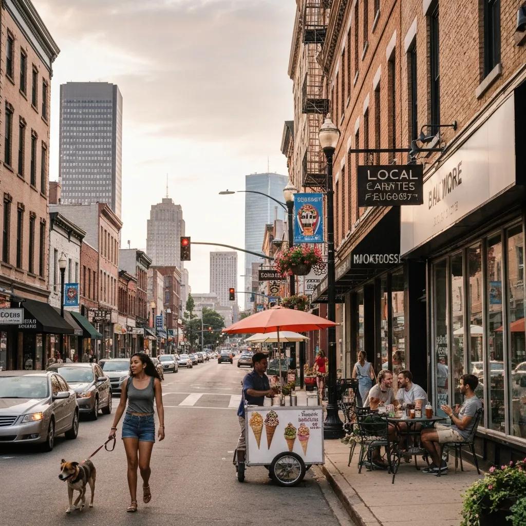 Baltimore street scene featuring local businesses, a woman walking a dog, and an ice cream vendor, illustrating community engagement and local SEO strategies.