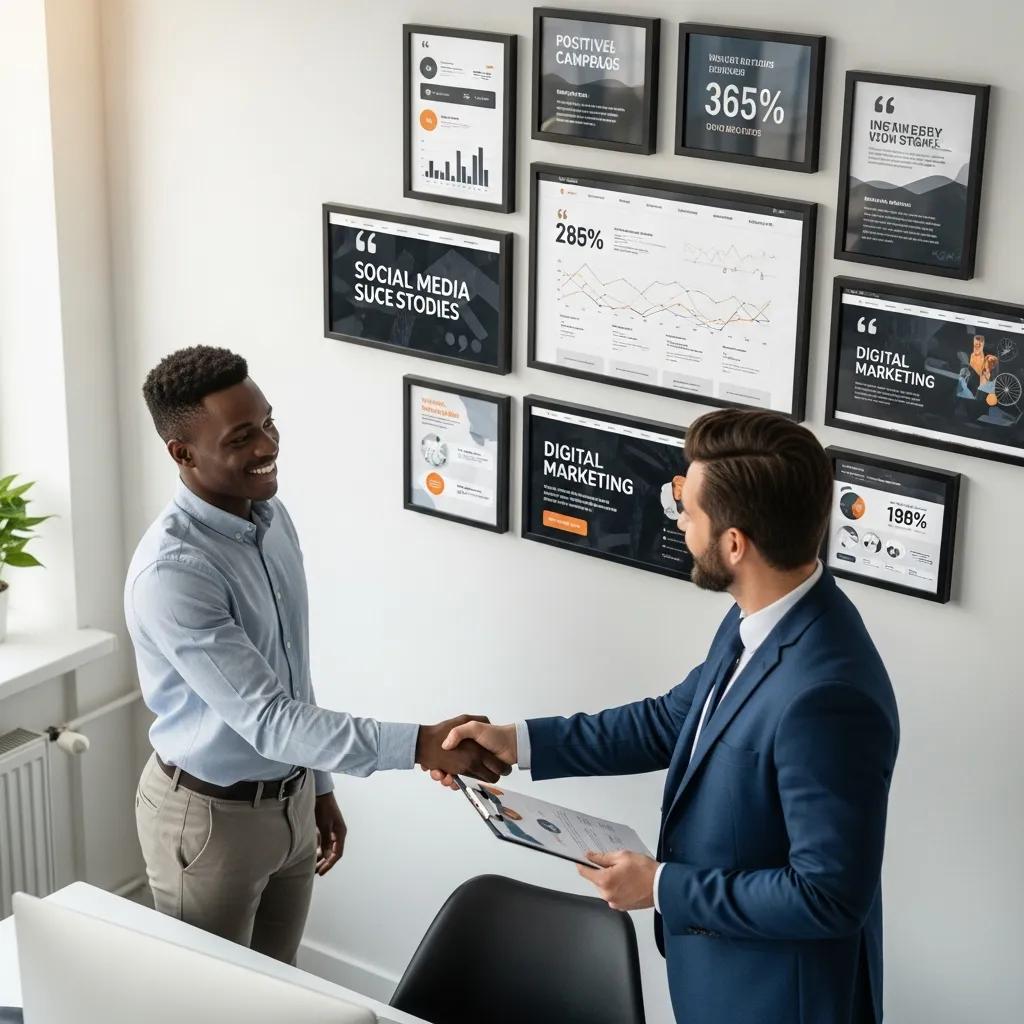 Client and digital marketing consultant shaking hands, symbolizing successful collaboration and positive outcomes