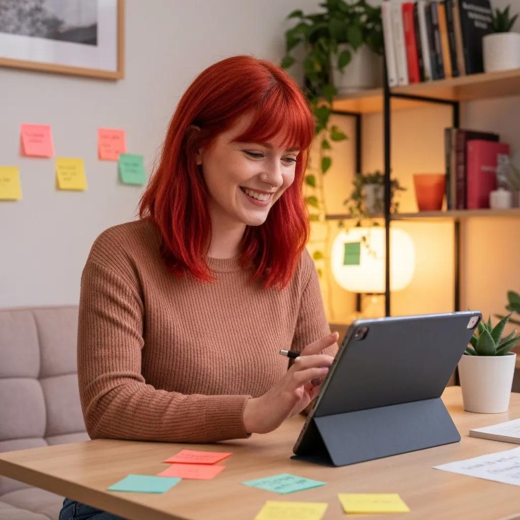 Content creator using AI tools to generate marketing content in a cozy workspace