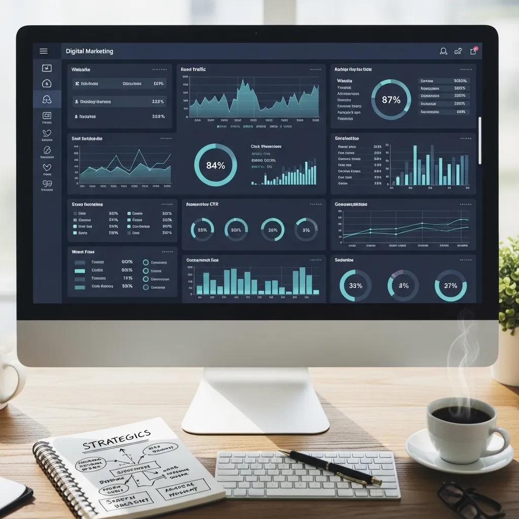 Digital marketing campaign analytics on a computer screen, showcasing performance metrics and strategy