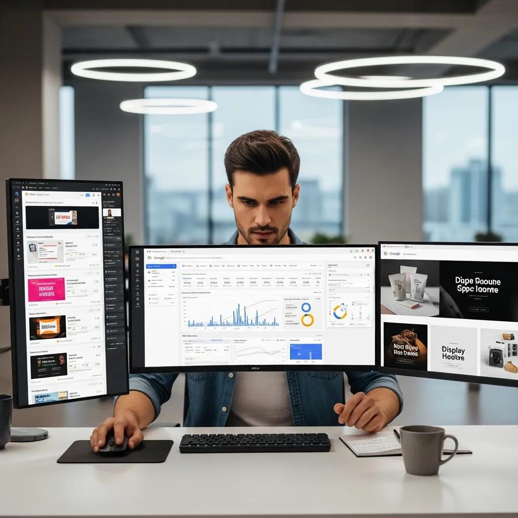 Digital marketing specialist managing a PPC campaign in a modern workspace
