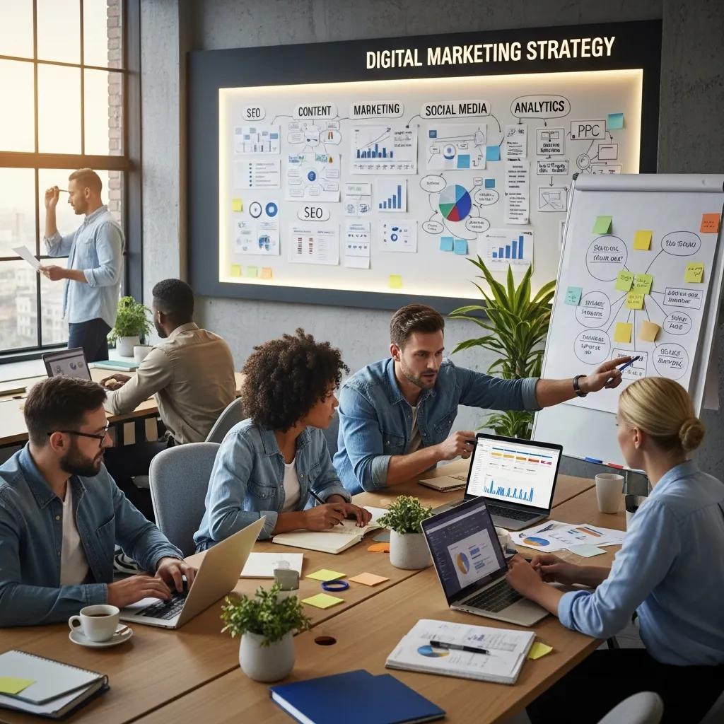 Diverse digital marketing team collaborating in a modern office setting