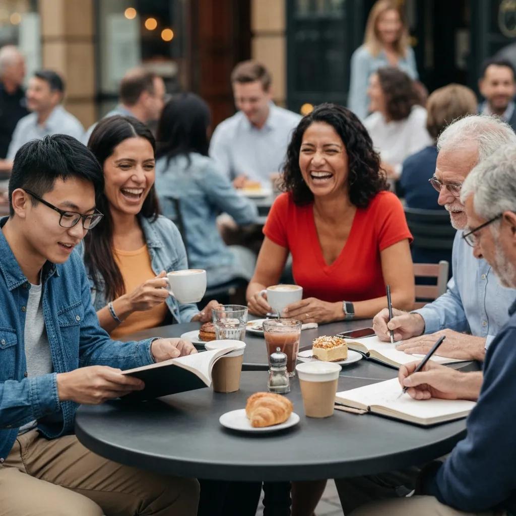 A diverse group using a website across phone, tablet, and laptop in a casual setting