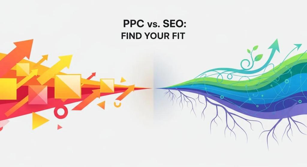 PPC vs. SEO visual comparison with arrows and shapes representing digital marketing strategies, emphasizing the theme "Find Your Fit."