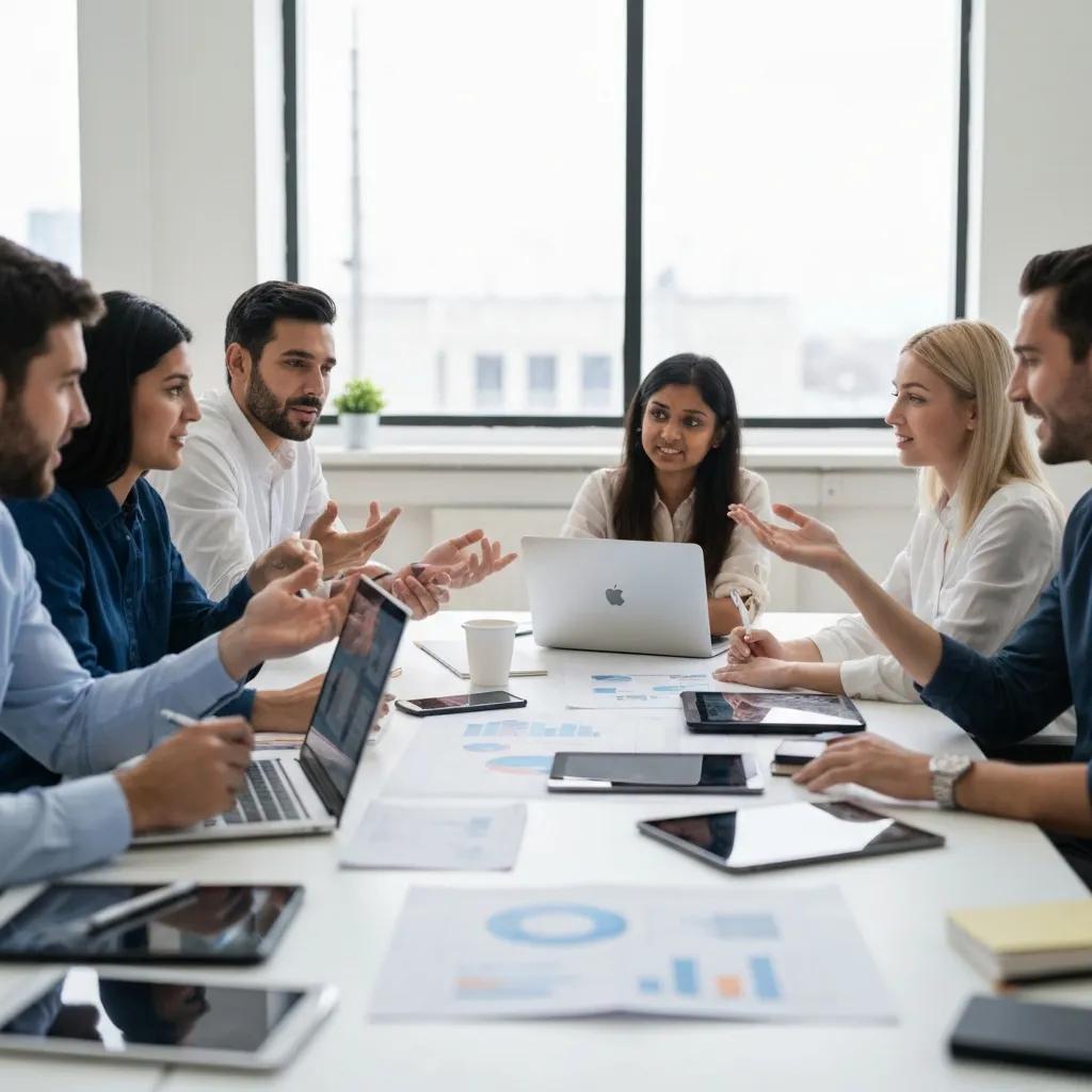 Marketing team collaborating on AI-driven strategies in a modern office