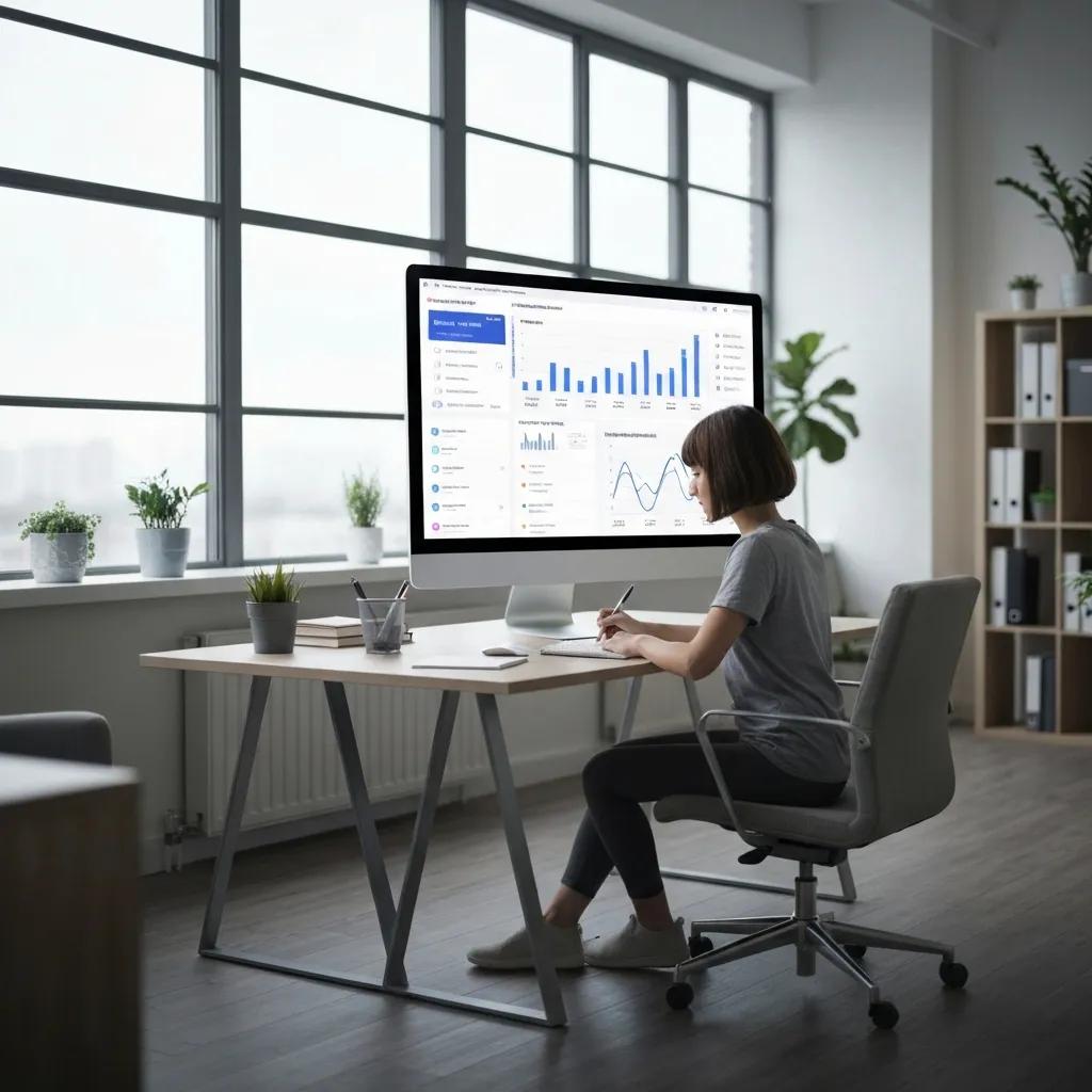 Modern workspace with a woman analyzing digital marketing data on a large monitor, surrounded by design tools and a bright atmosphere, illustrating effective strategies for small business growth.