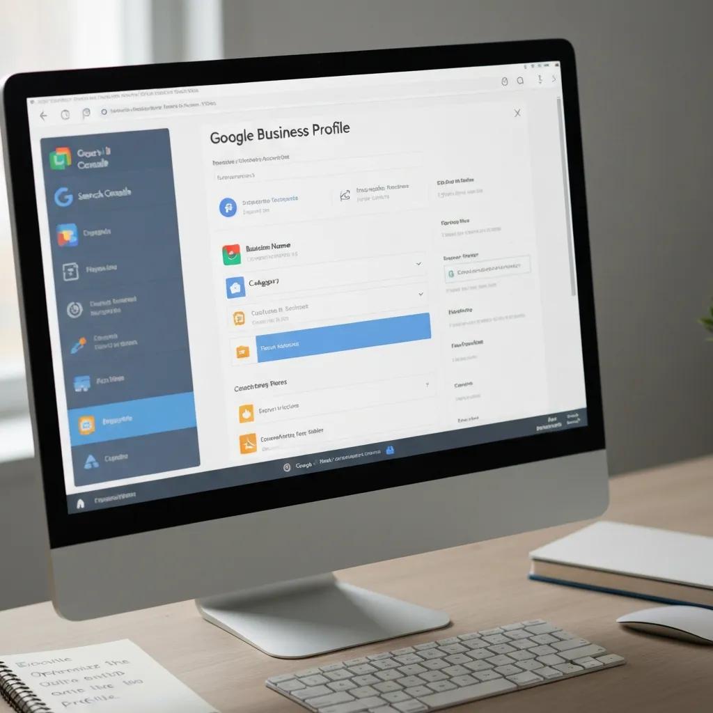 Google Business Profile interface displayed on a computer screen, highlighting business name, categories, and essential attributes for local SEO optimization.