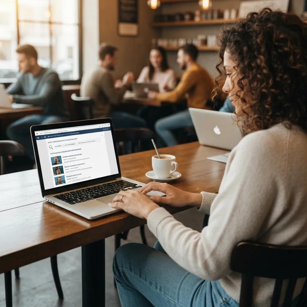 Person researching SEO content marketing strategies in a coffee shop, focusing on local business visibility