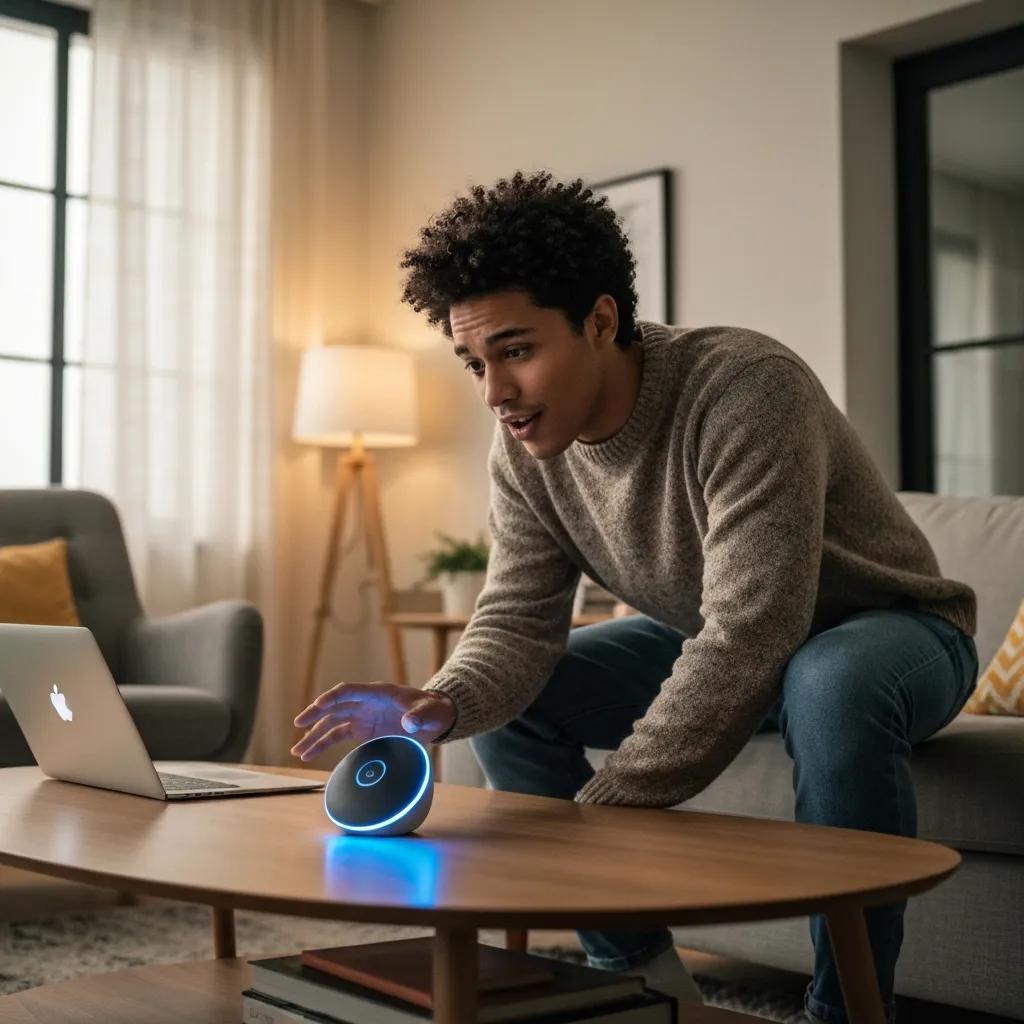 Person interacting with a voice assistant at home, showing voice search's role in local discovery