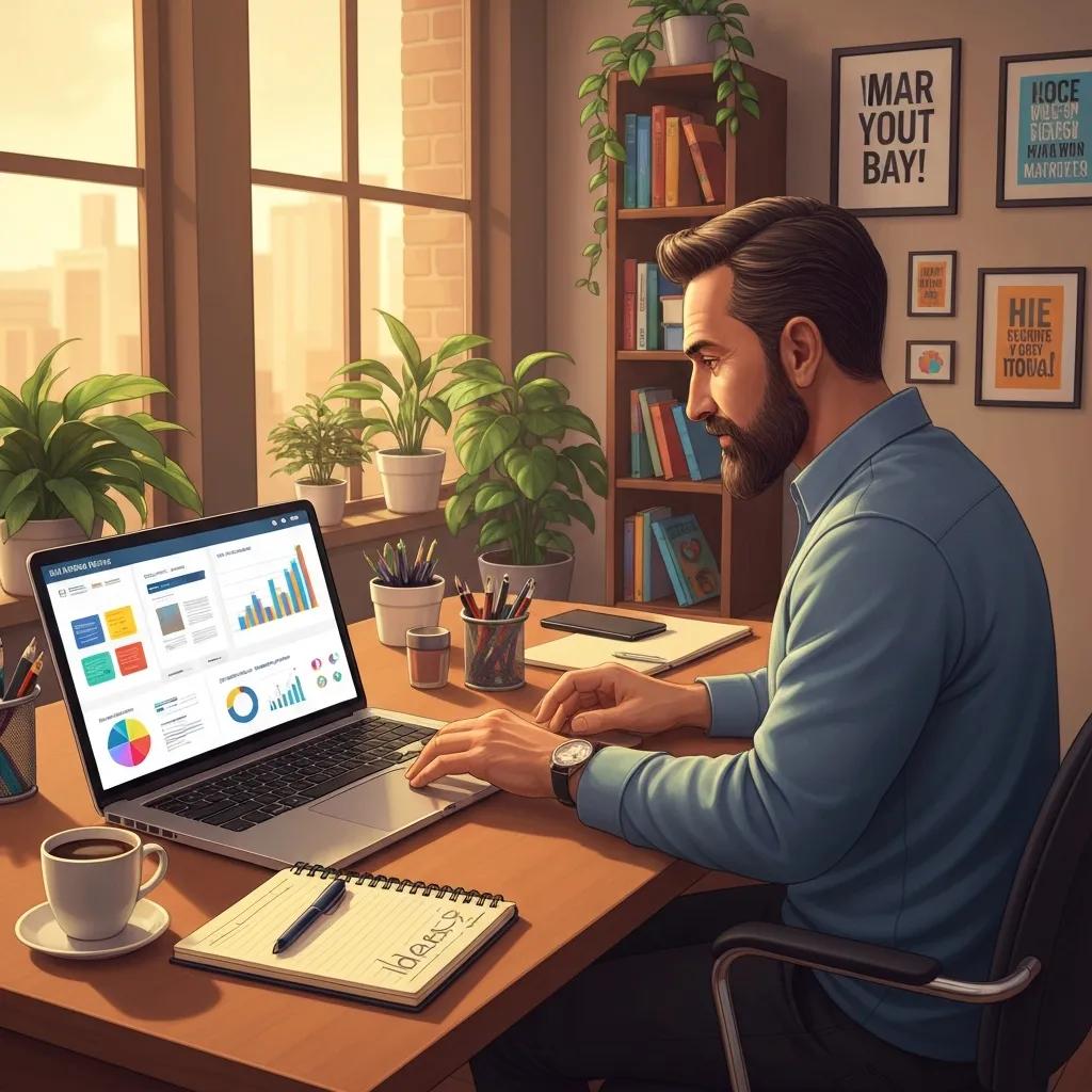 Small business owner analyzing digital content marketing strategies with a laptop and notepad in a cozy office