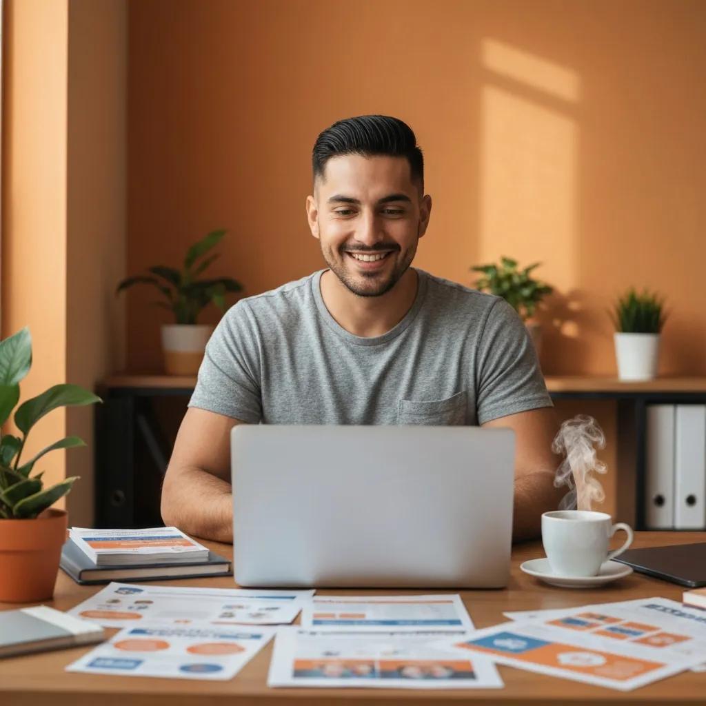 Small business owner reviewing paid advertising strategies on a laptop in a cozy workspace with marketing materials and a steaming cup of coffee.