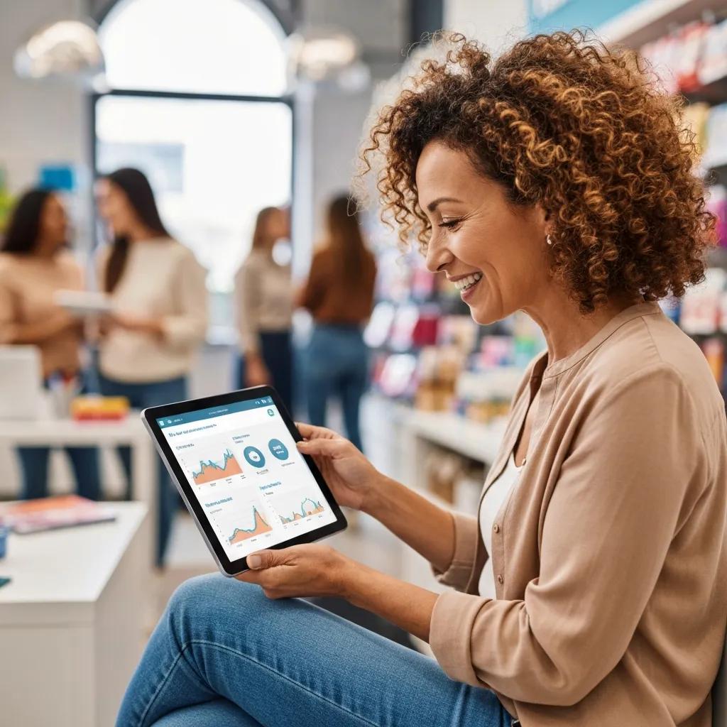 Small business owner reviewing PPC campaign performance on a tablet