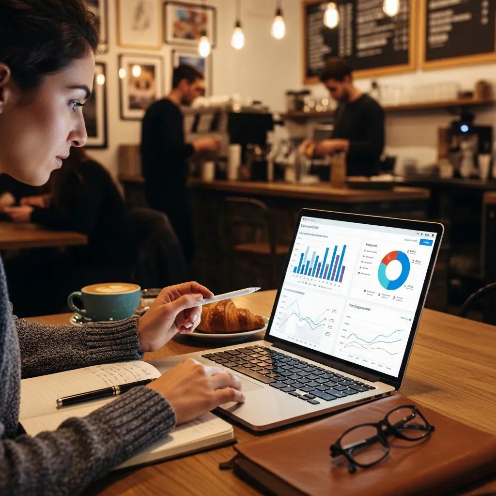 Small business owner reviewing website analytics in a coffee shop
