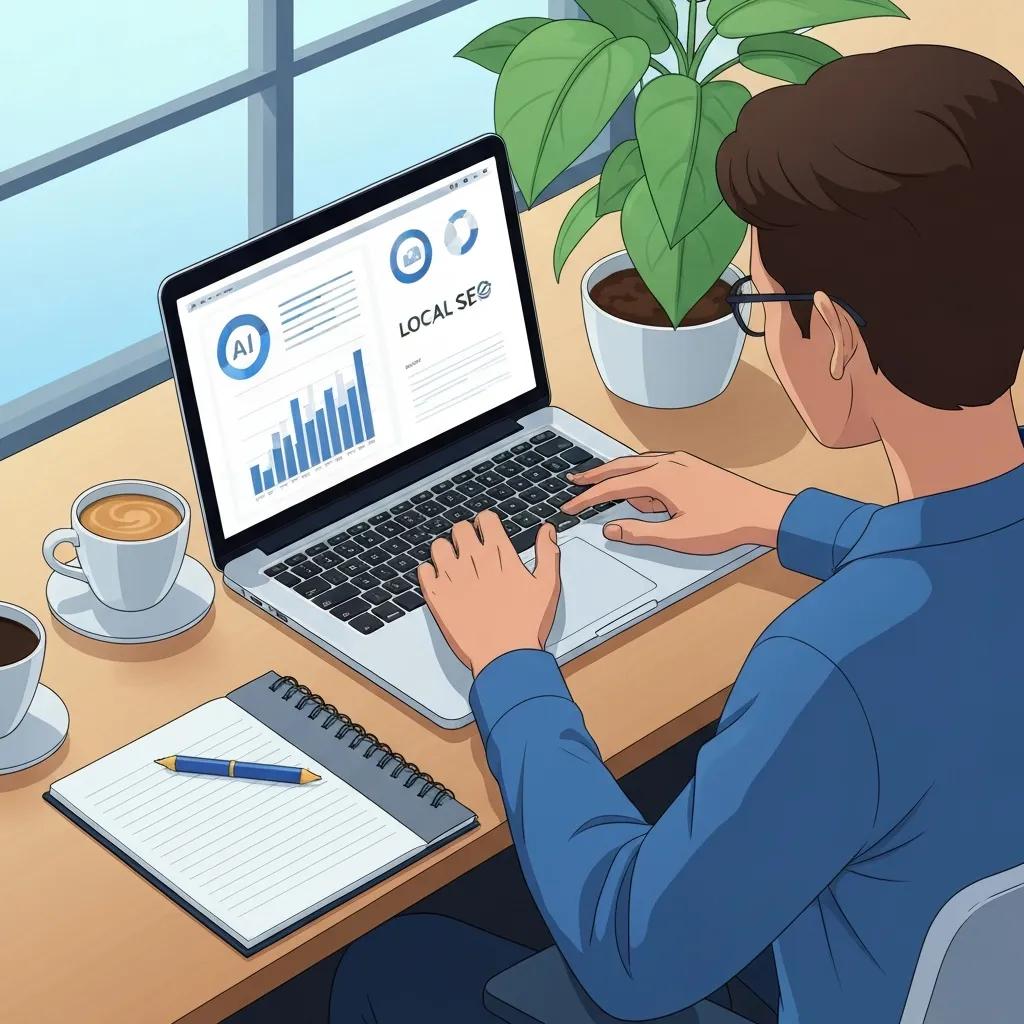 Small business owner utilizing AI tools for local SEO growth in a cozy office environment