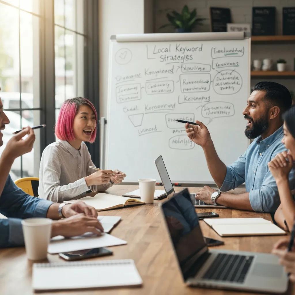 Small business owners mapping local keywords and neighborhood search phrases