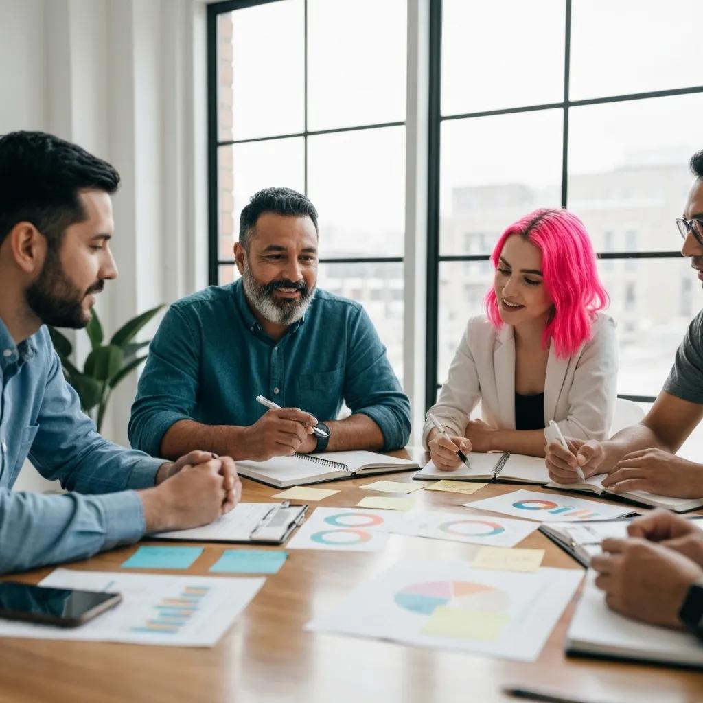 Small business owners collaborating on local SEO strategies in a meeting, discussing review management and digital marketing tactics, with charts and notes on the table.