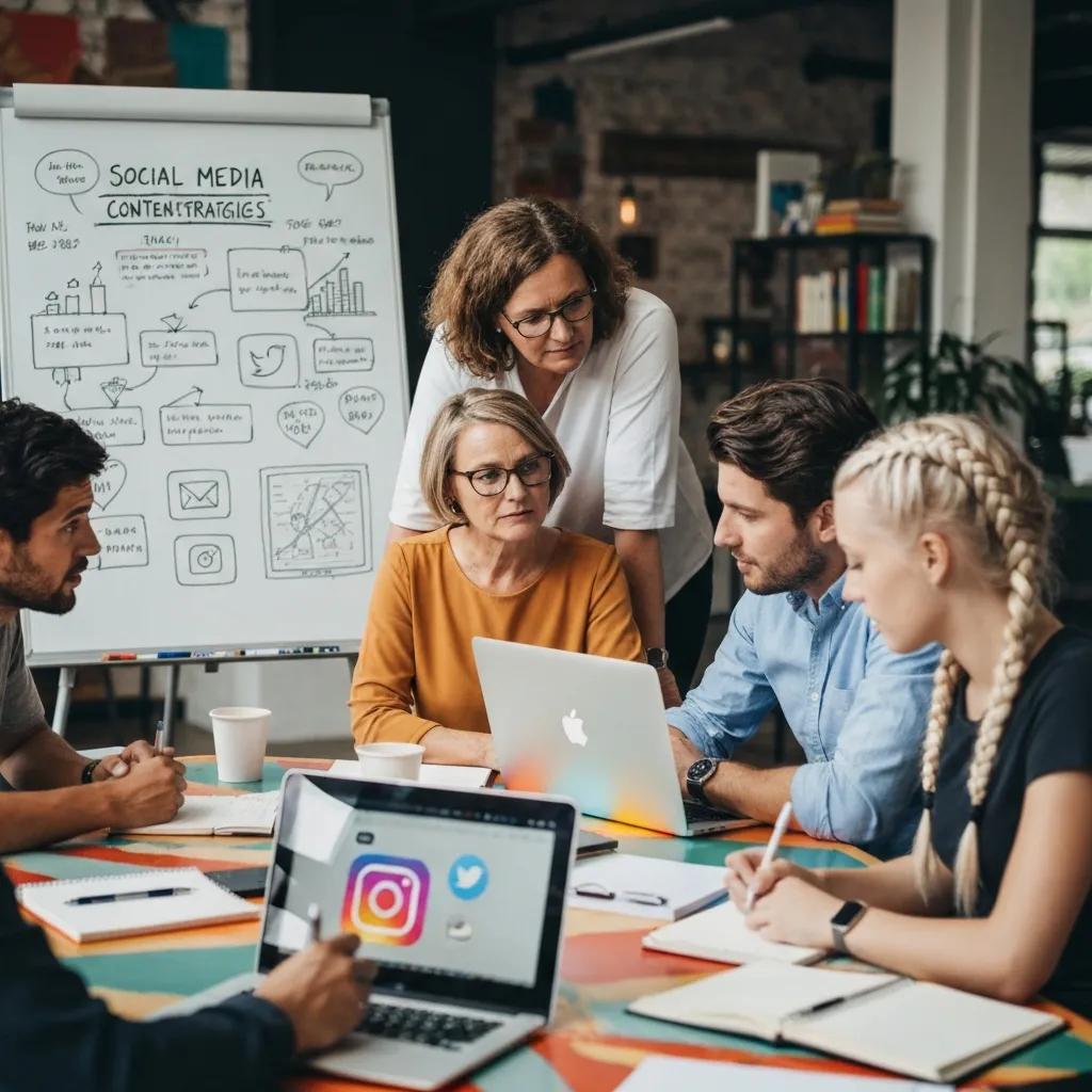 Small business team brainstorming social media content strategies with a whiteboard and laptops