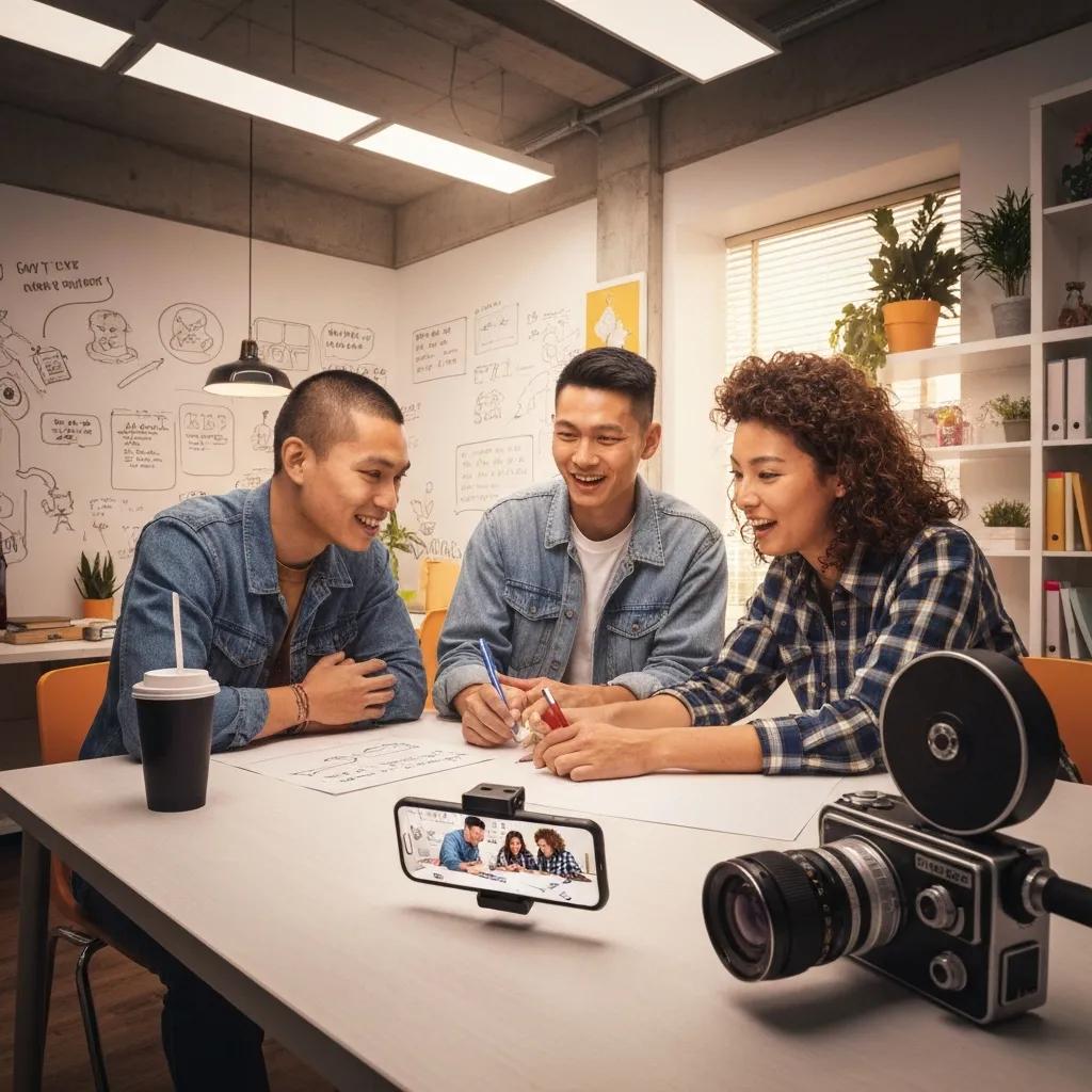 Small business team collaborating on short-form video content creation in a creative workspace, featuring a smartphone displaying their work and a vintage camera, emphasizing digital marketing strategies for enhanced lead generation and brand awareness.