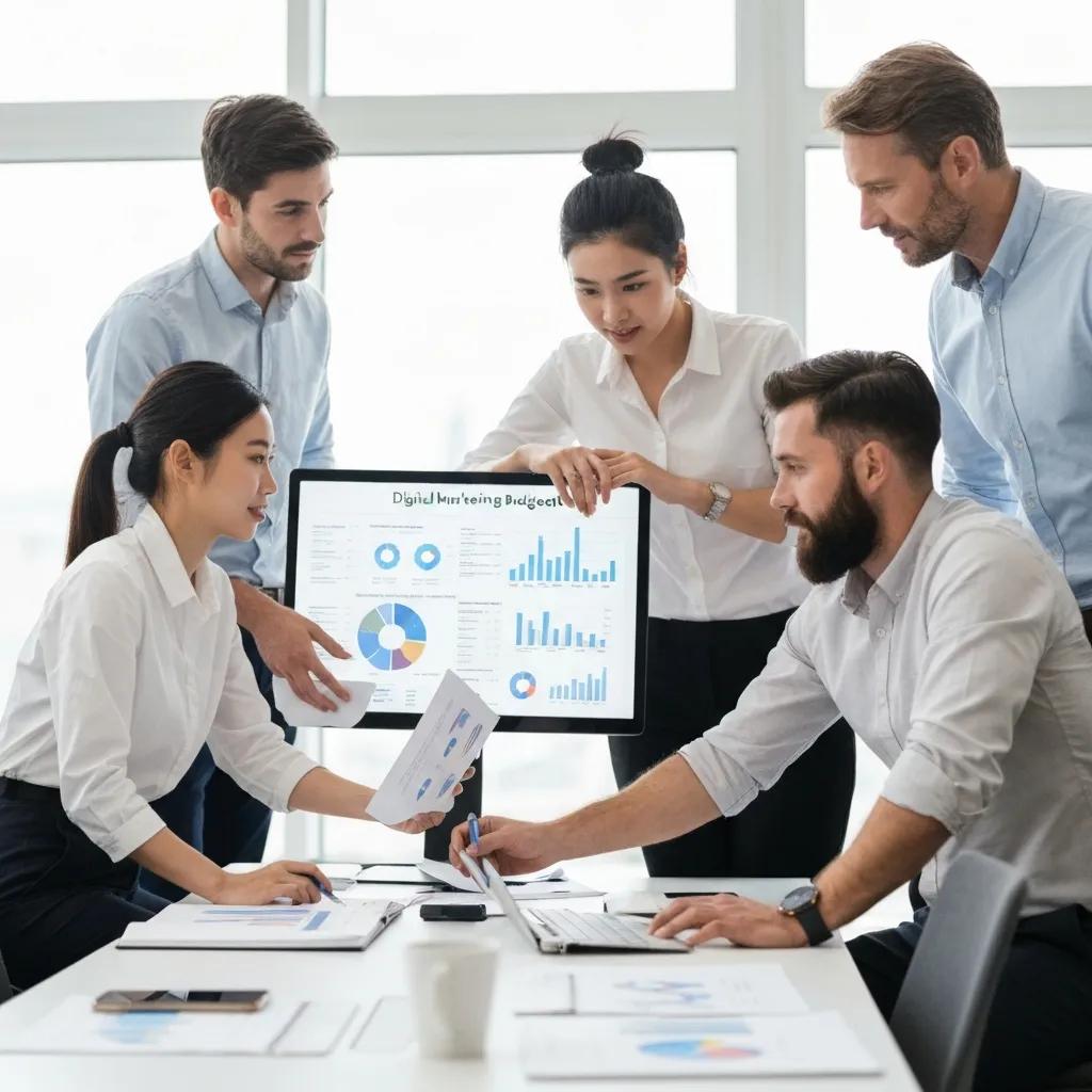 Small business team planning a digital marketing budget and optimization strategy