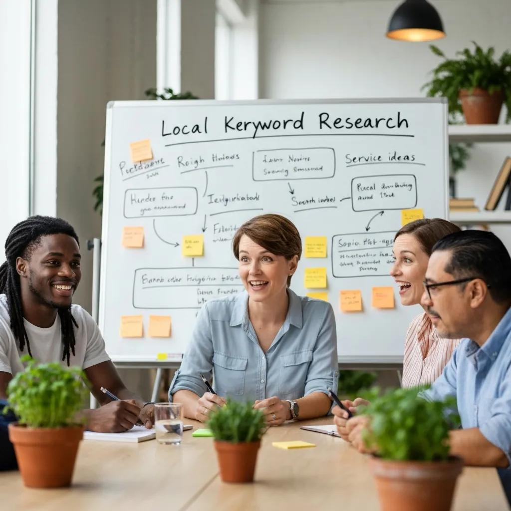 Team mapping local keyword ideas on a whiteboard &mdash; neighborhood and service brainstorming
