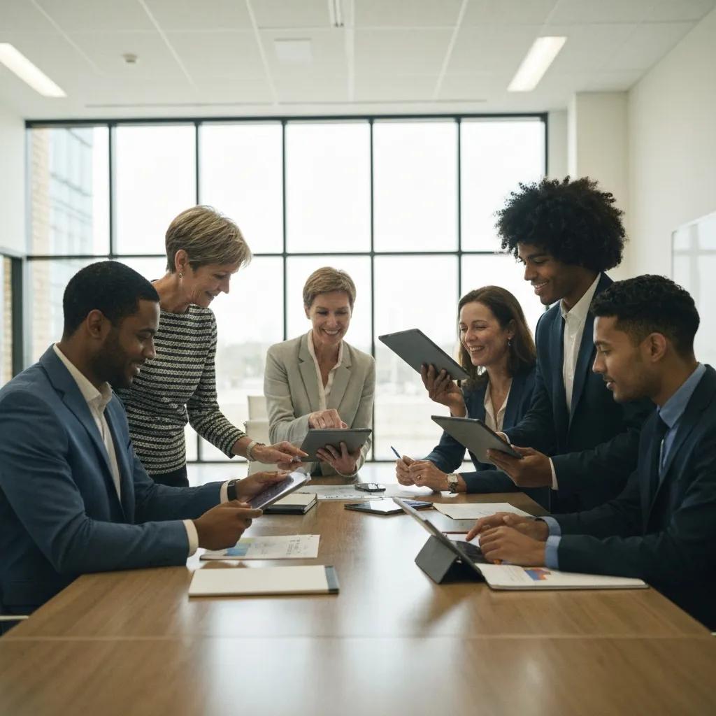 Team collaborating with AI tools for lead generation in a modern business setting