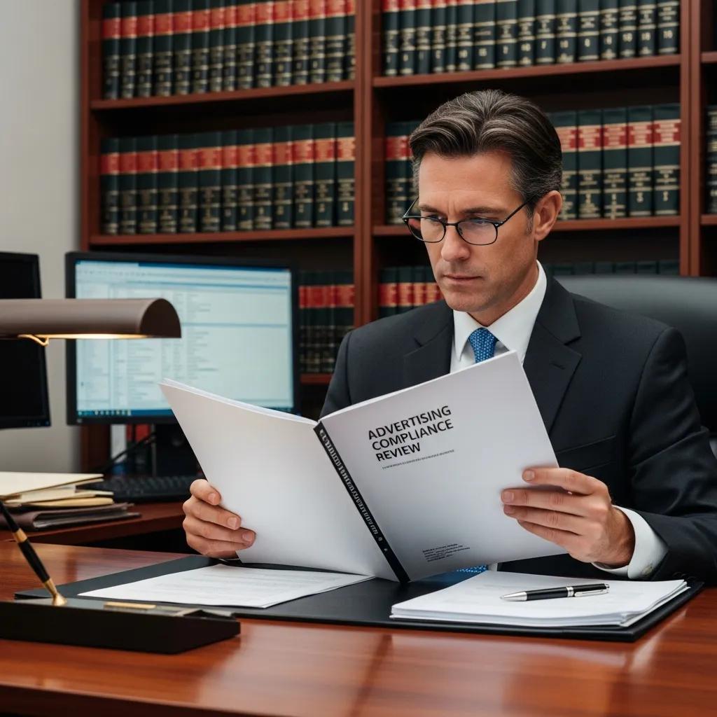 Attorney reading legal compliance guidance at a desk