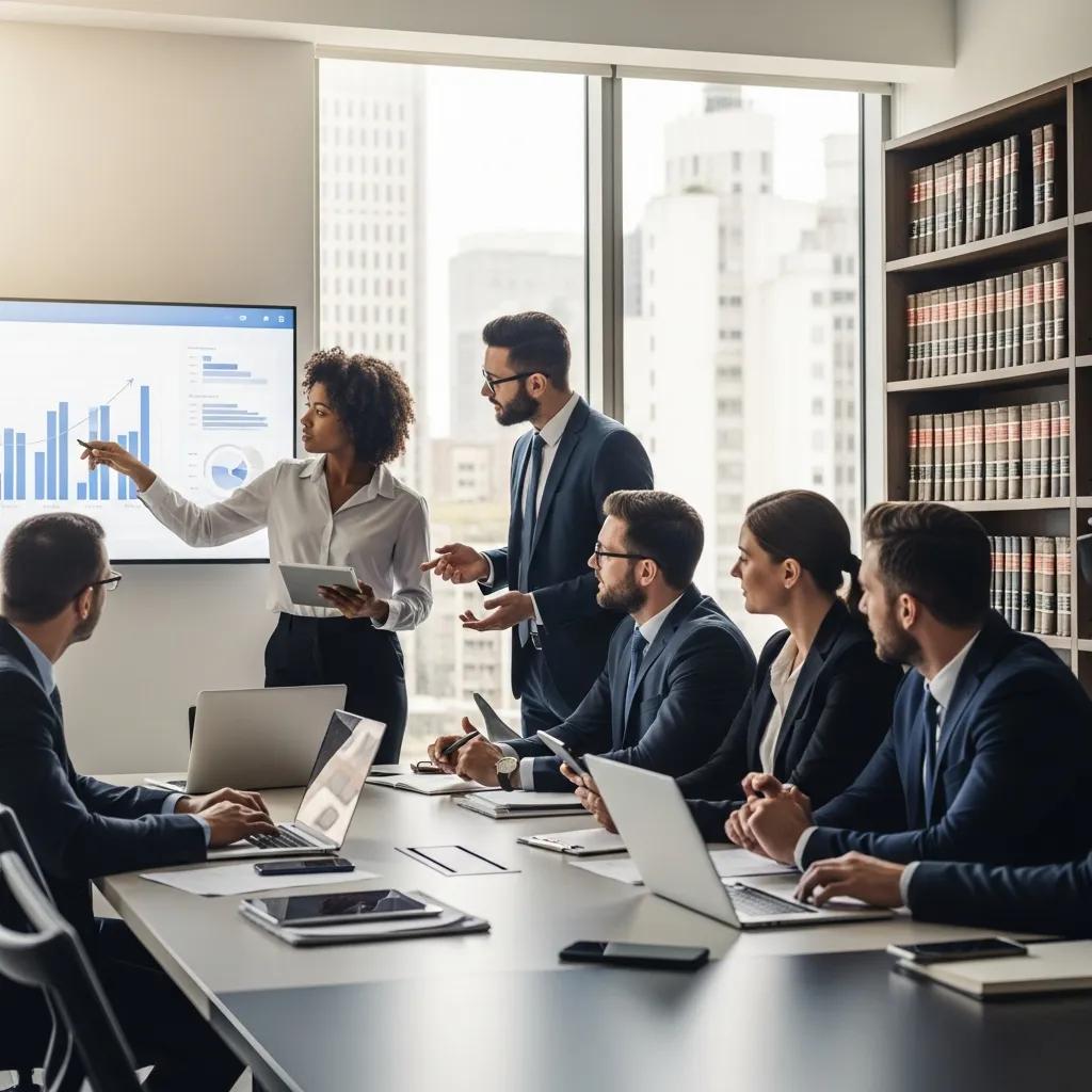 Attorneys collaborating on PPC strategies in a modern office, discussing data and analytics displayed on a screen, emphasizing digital marketing for law firms in Baltimore.