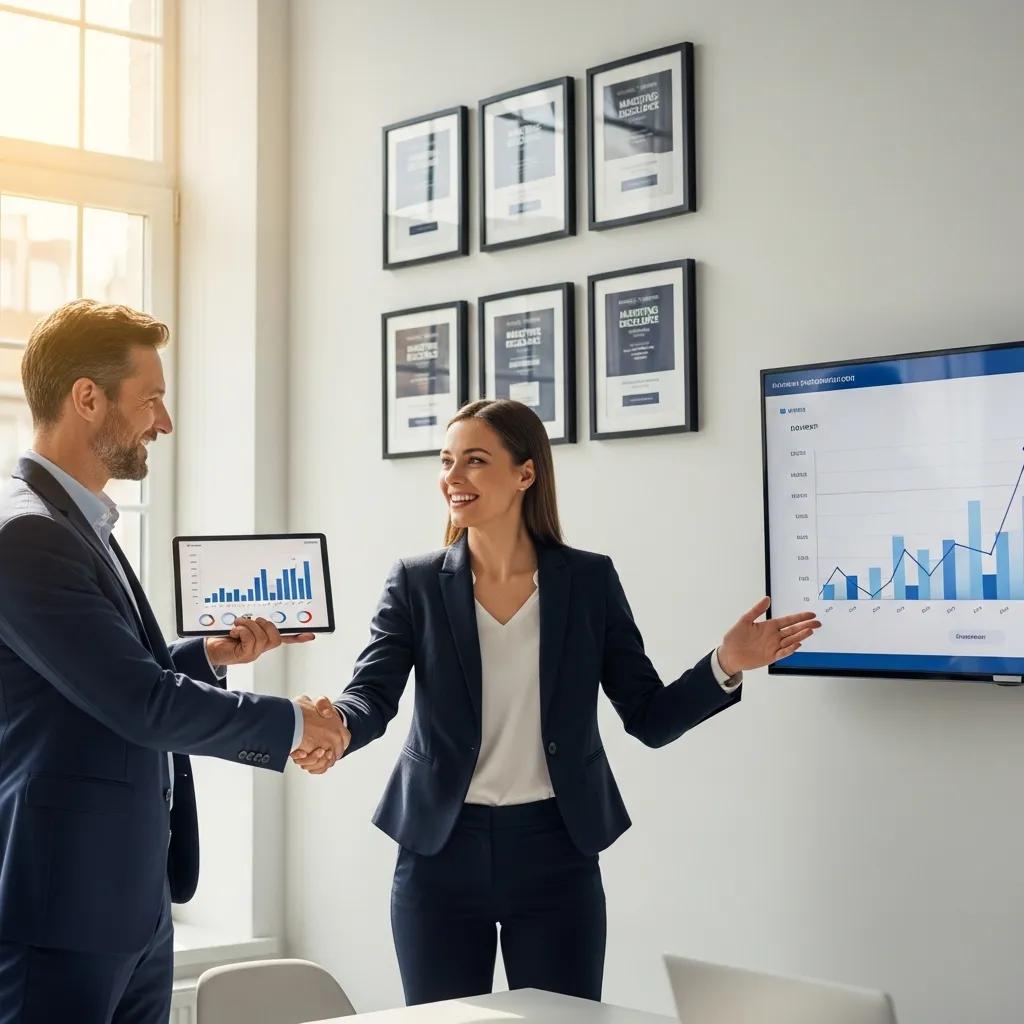 Client and consultant celebrating success in a bright office, symbolizing effective digital marketing partnerships