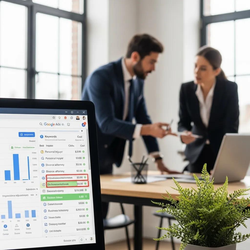 Close-up of Google Ads interface displaying keywords and costs, with attorneys discussing PPC strategies in a modern office setting, highlighting legal marketing efforts for law firms.