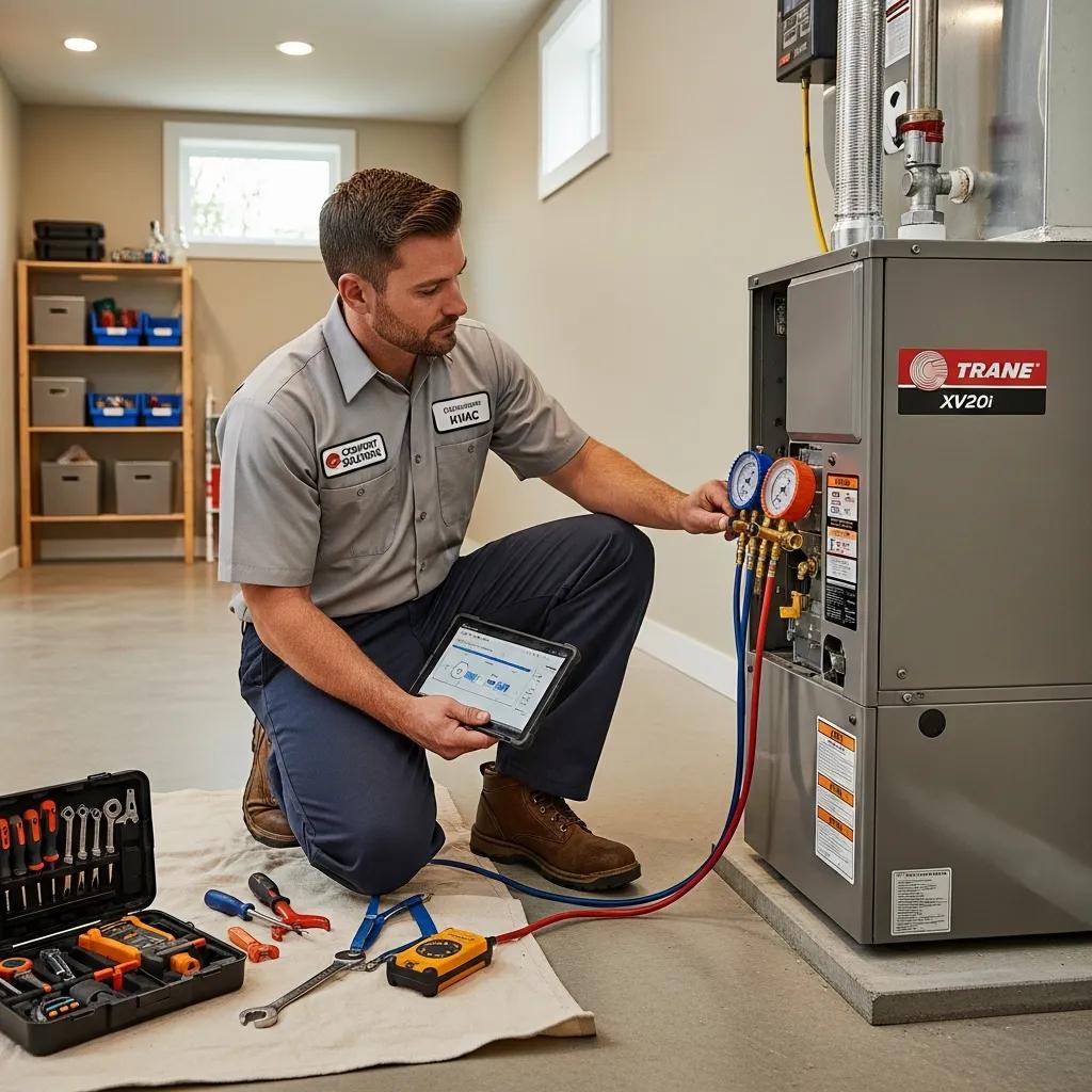 HVAC technician working on a heating and cooling system in a residential setting