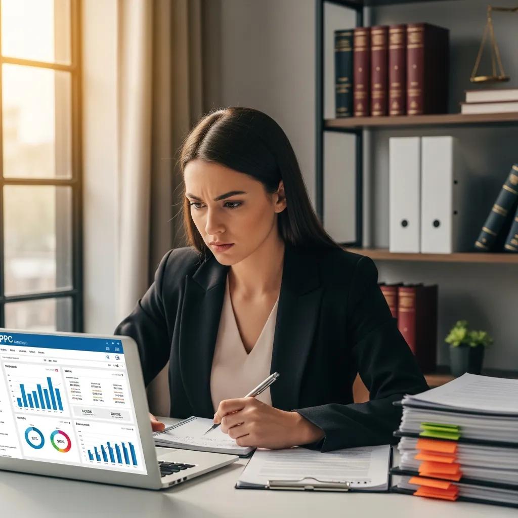 Lawyer analyzing PPC advertising data in a modern office setting