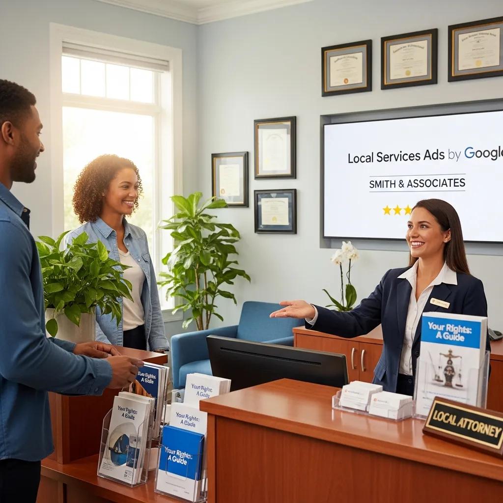 Local attorneys' office interior with welcoming atmosphere, featuring a reception desk, informational brochures about legal rights, and a digital display promoting Local Services Ads by Google for "Smith & Associates."