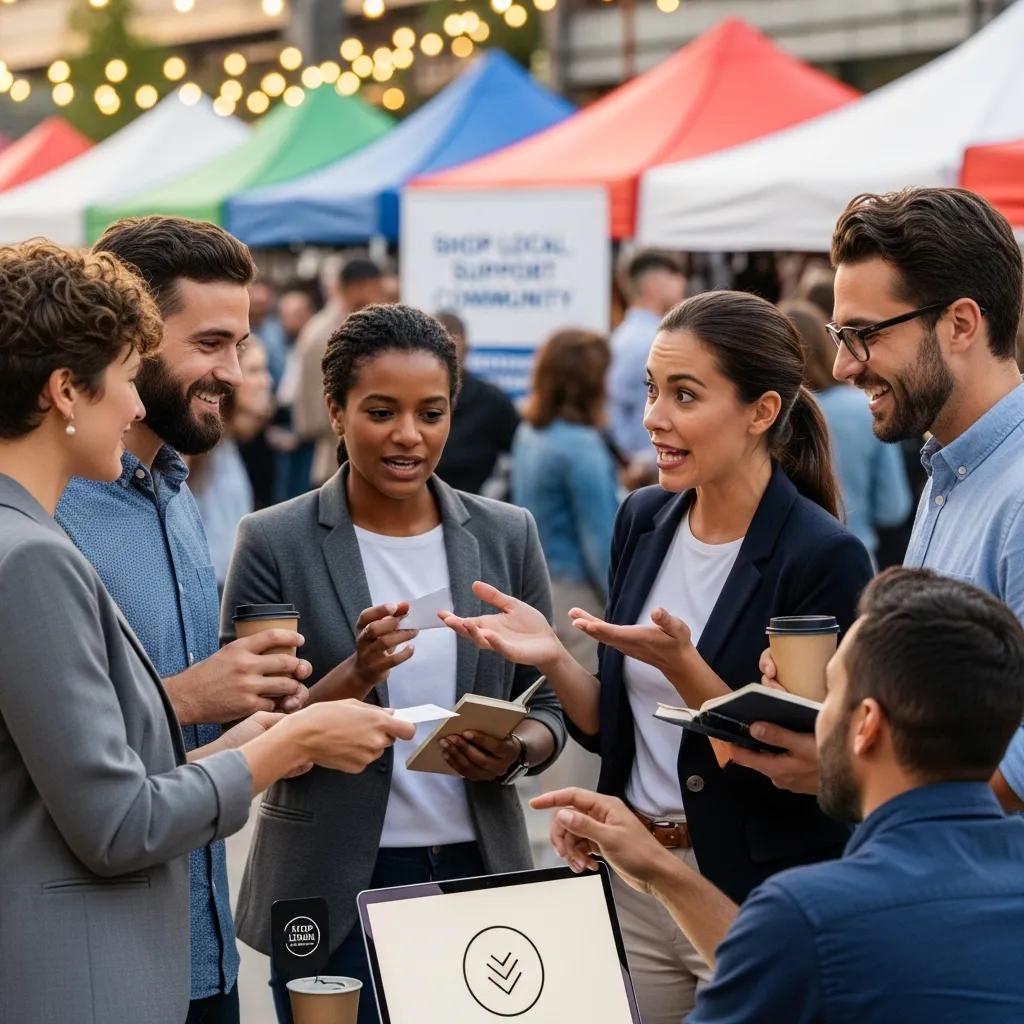 Local business owners networking at a community event, emphasizing collaboration for link building strategies