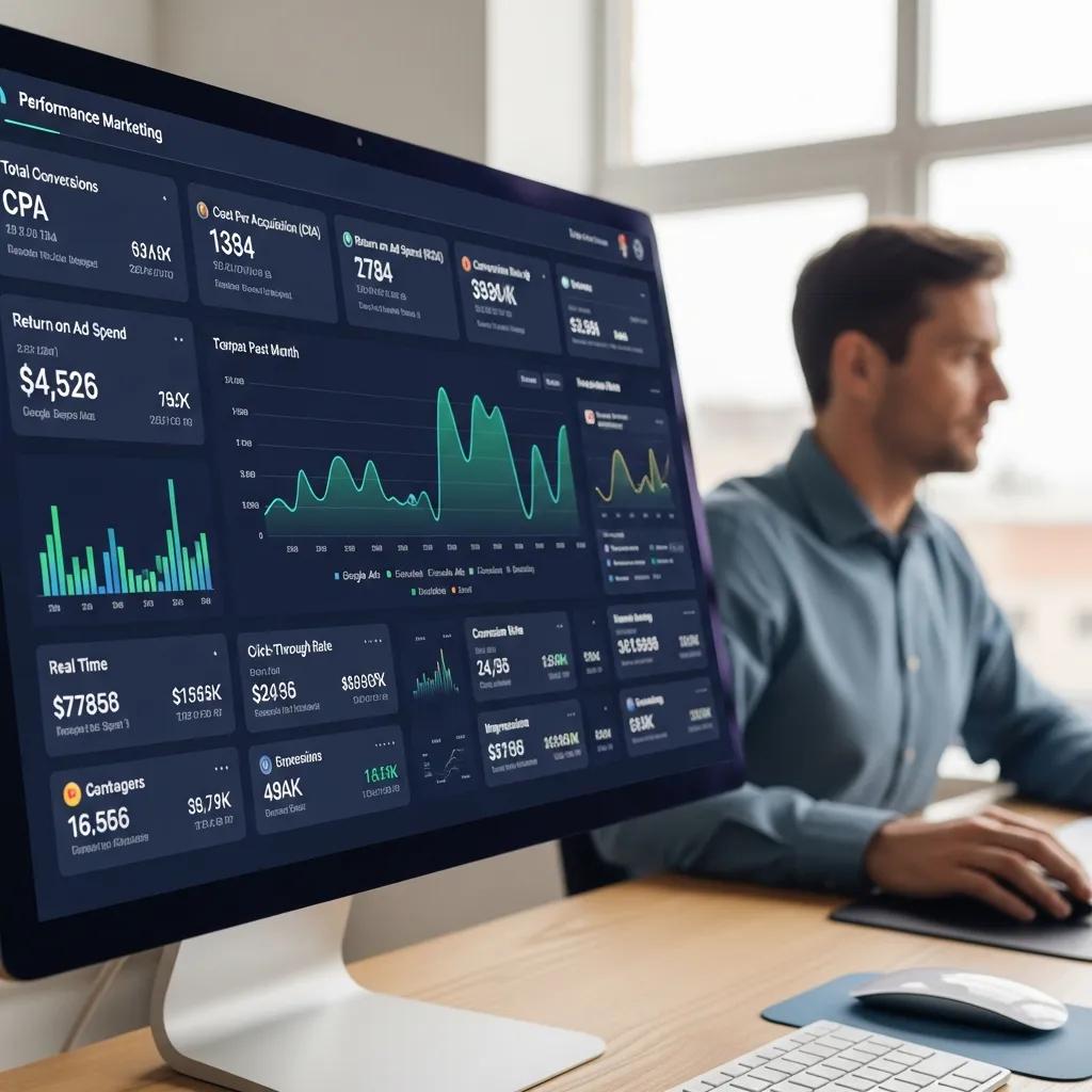 Performance marketing dashboard displaying key metrics and KPIs in a professional office setting