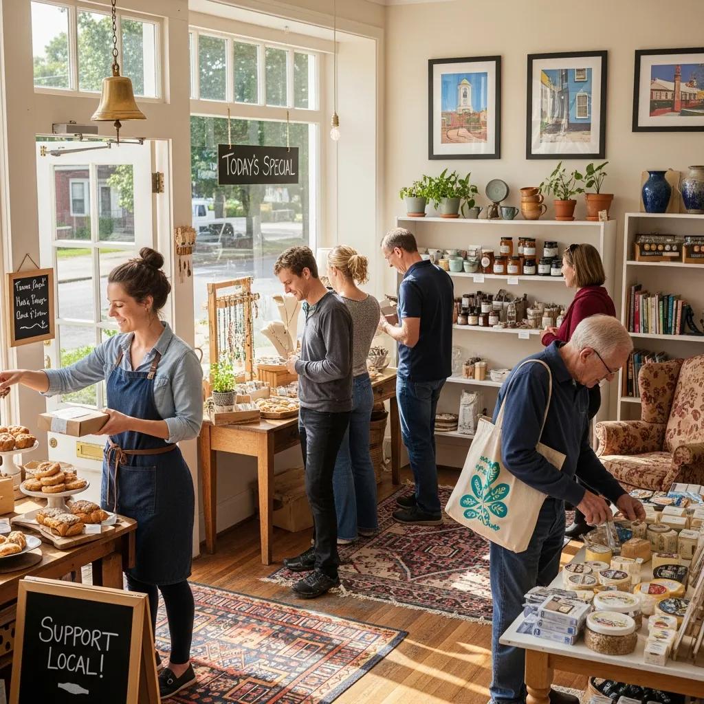 Small business owner engaging with customers in a local shop, emphasizing community and local SEO strategies