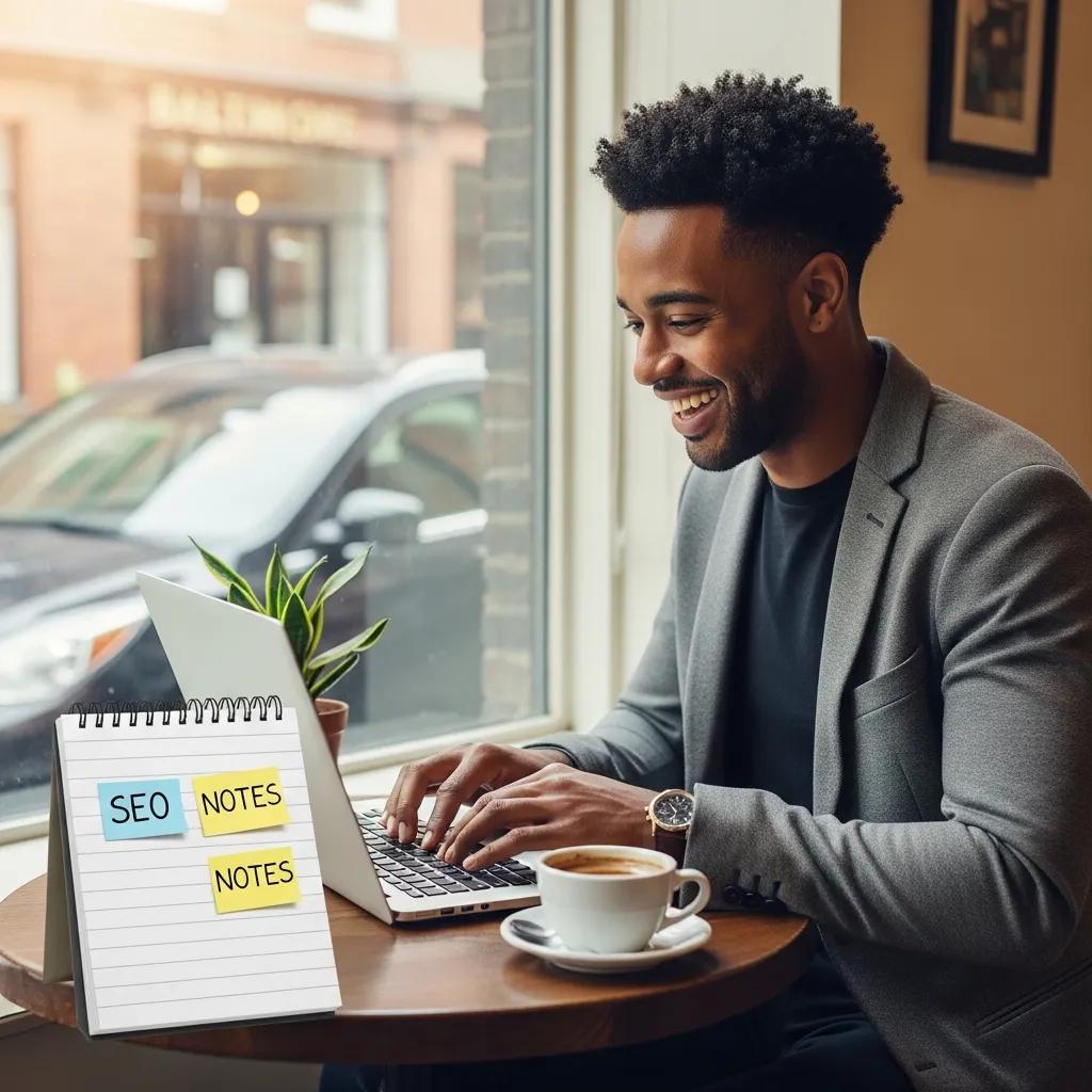 Small business owner in Baltimore working on SEO strategies in a café