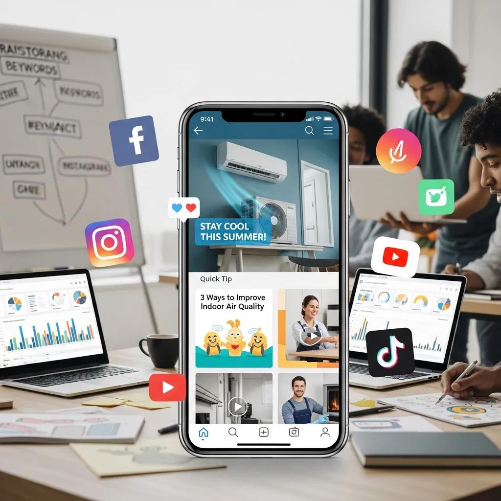 Smartphone displaying social media posts for an HVAC company in a creative office setting