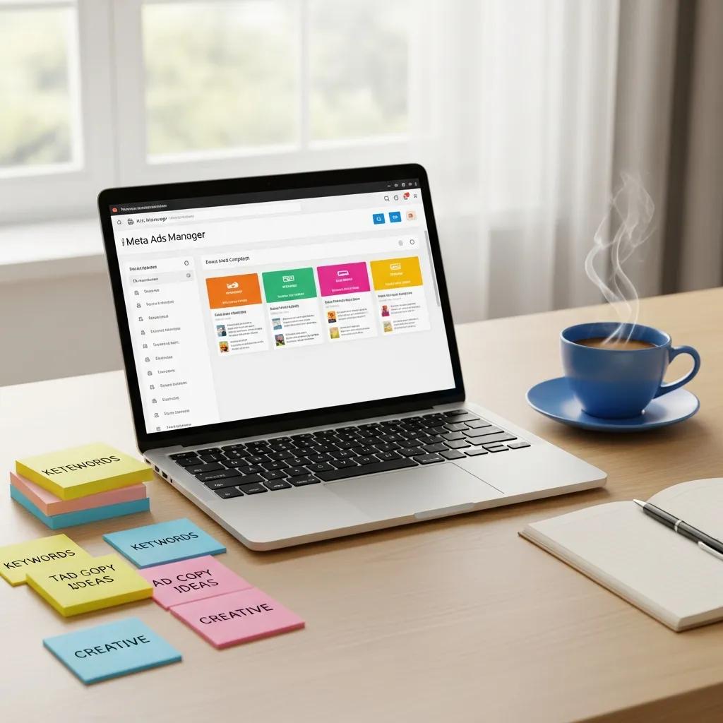 Beginner-friendly workspace for PPC advertising with a laptop, sticky notes, and coffee