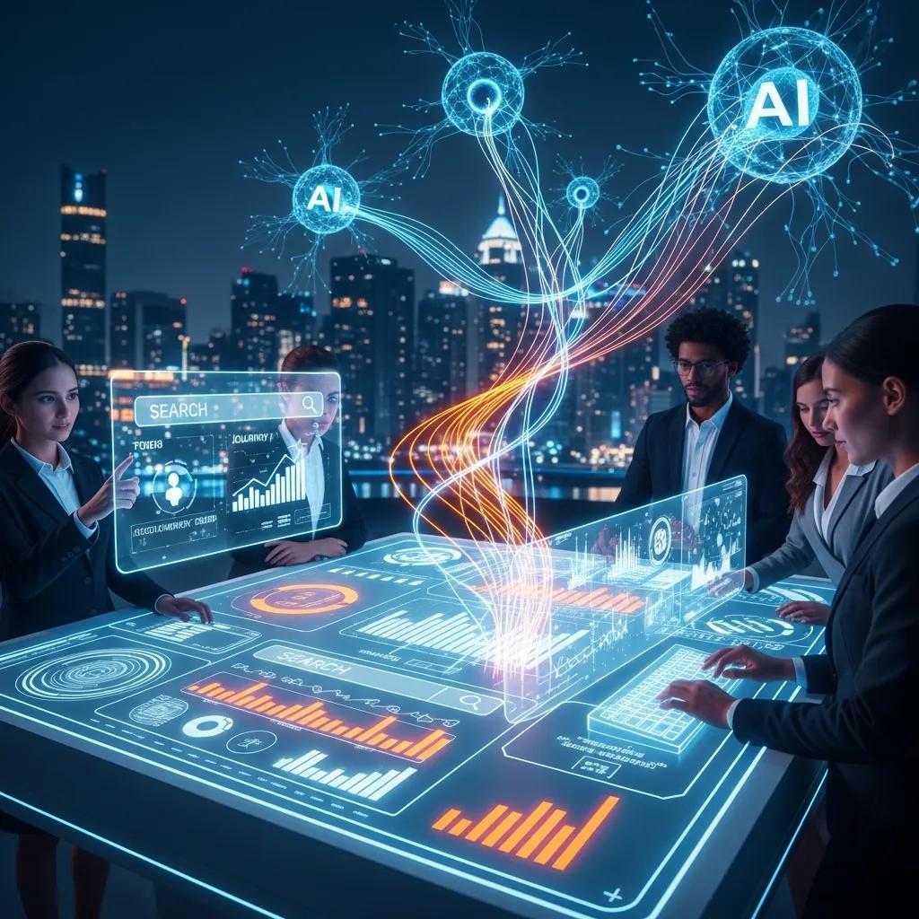 Futuristic digital marketing scene illustrating AI technology and collaboration
