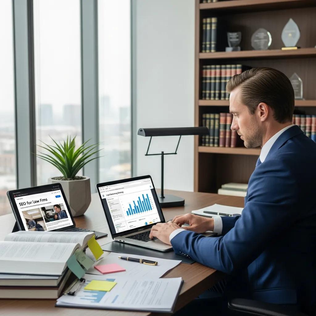 Lawyer working on SEO strategies in a modern law office