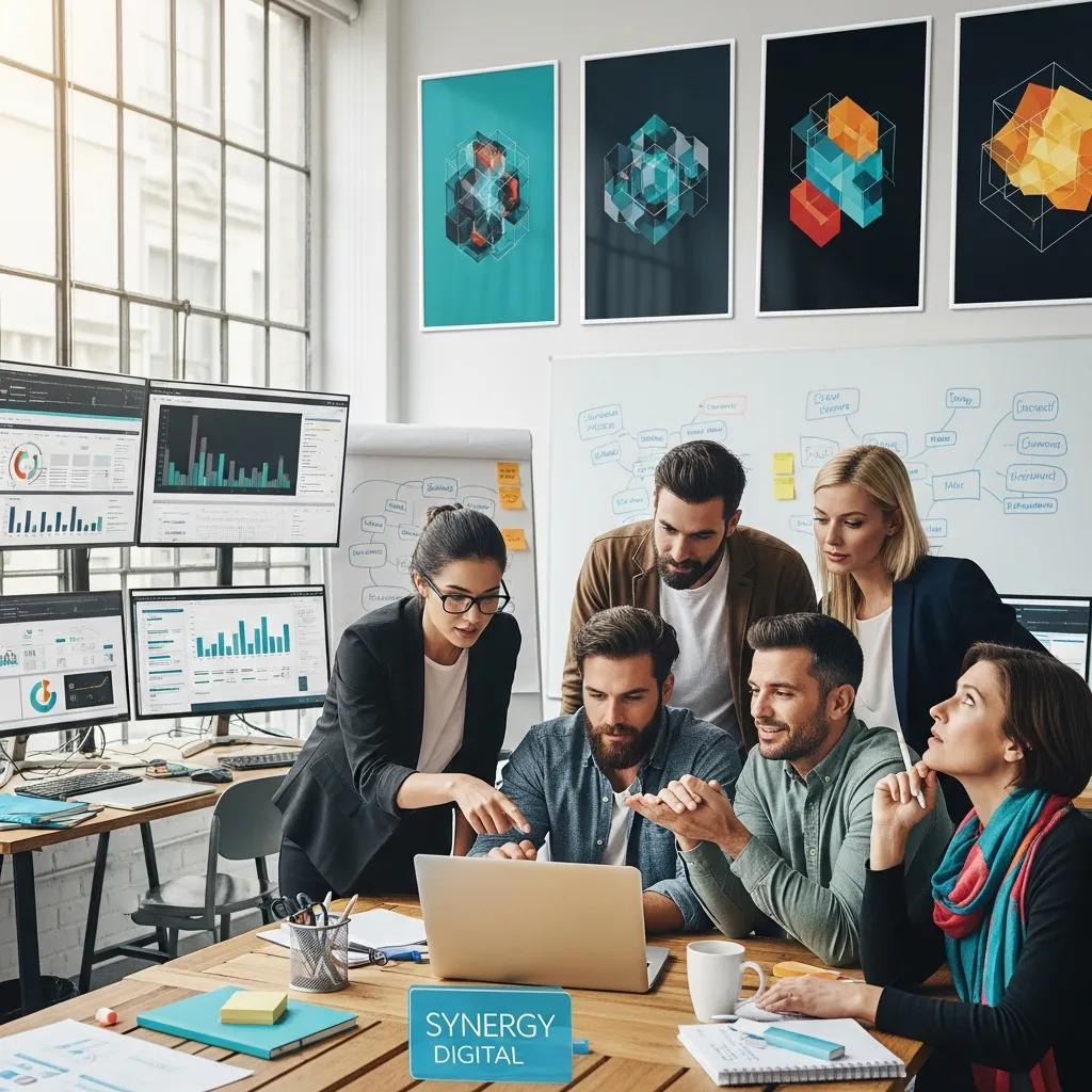 Modern digital marketing agency workspace with a diverse team collaborating