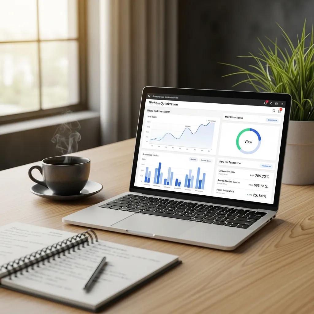 Modern workspace with a laptop showing website optimization metrics and a productive atmosphere