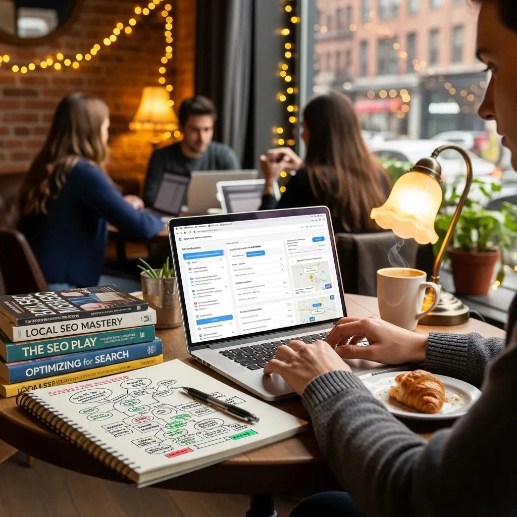 Person optimizing a website for SEO in a cozy caf&eacute; environment